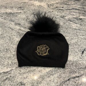 New Custom Designed Black Cashmere Blend Pom Beanie with Black & Green Rose.